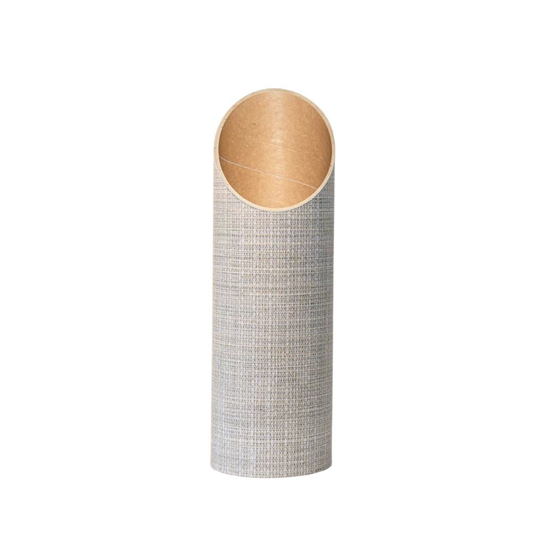 Front view of the slim gray woven tube with an angled open top and warm brown interior.