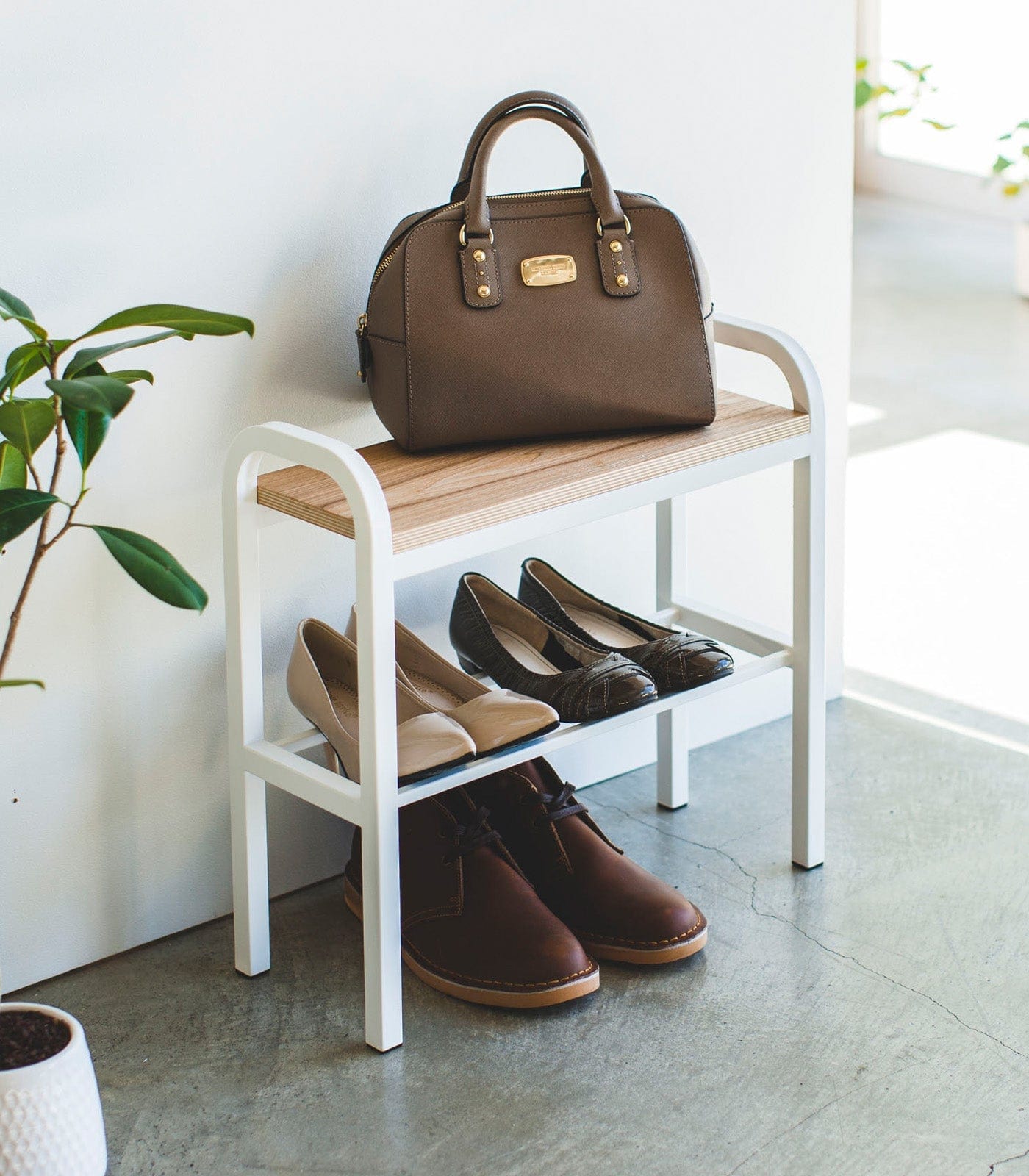 Shoe Organizer & Bench (18" H)  - Steel + Wood in White