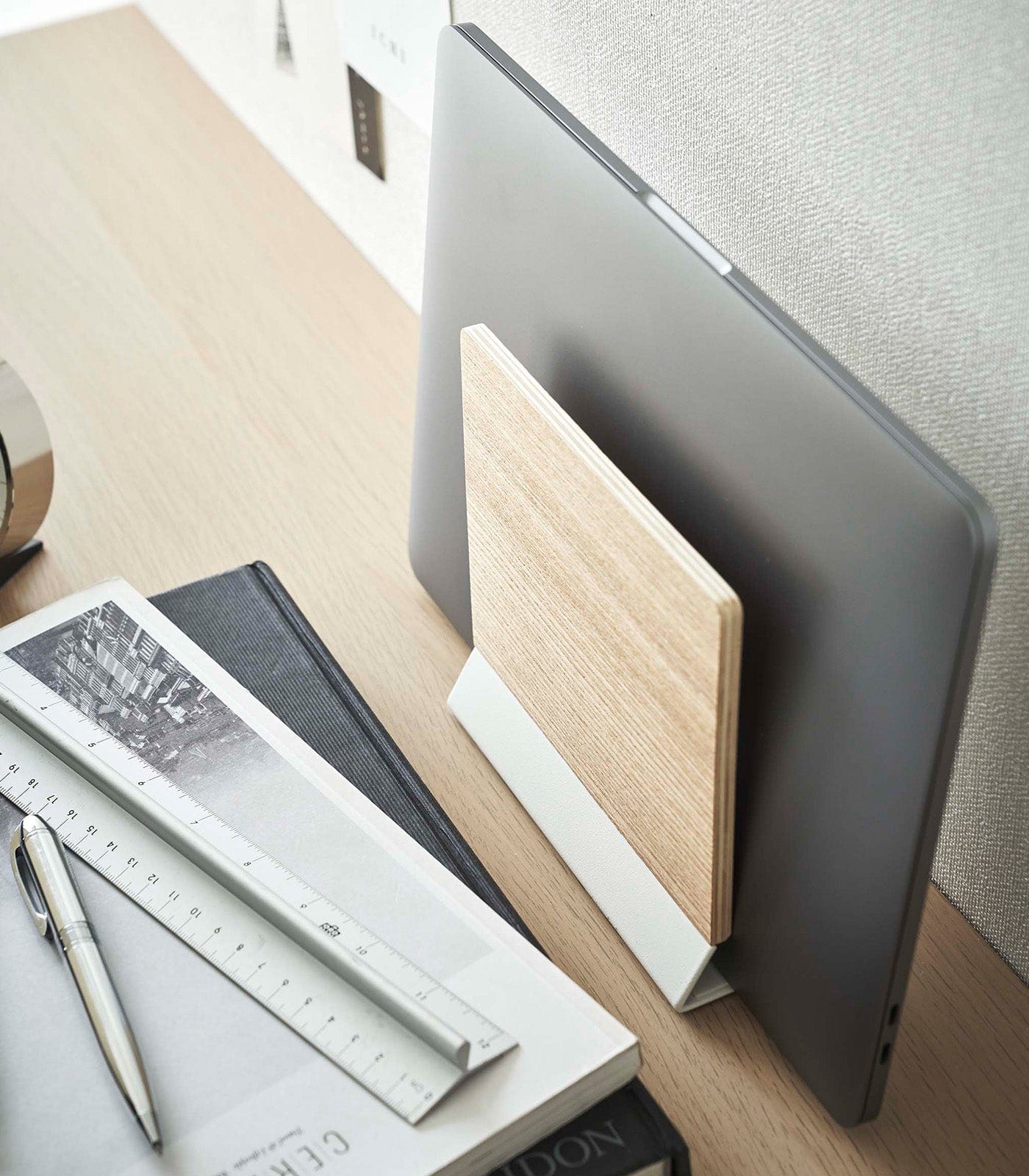 Slim Laptop Stand - Steel + Wood on desk above