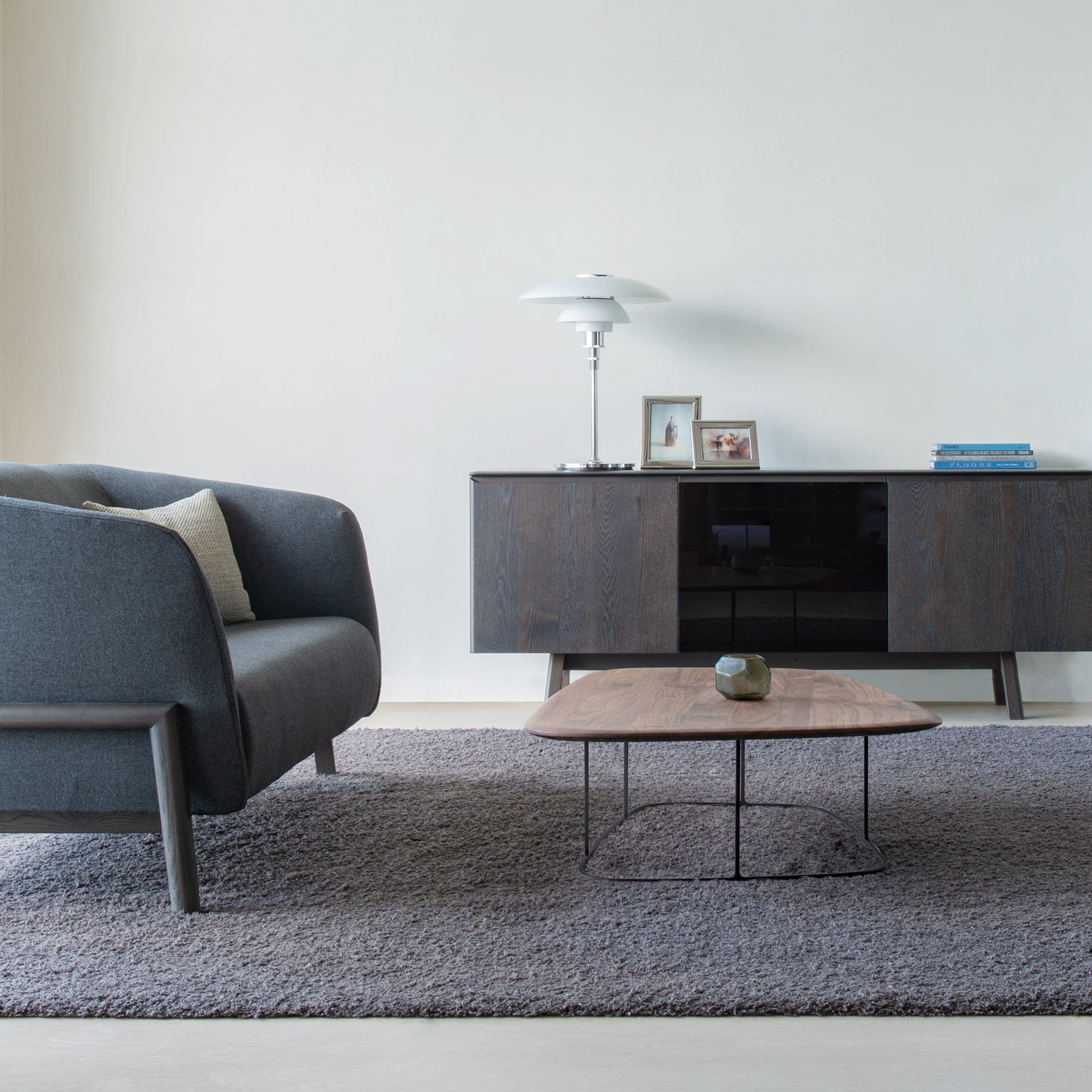 As shown 62" Sofa
70 3/4" Sideboard (acrylic door)
Japanese Ash Dark Gray

43 3/4" Coffee Table
Walnut Natural
