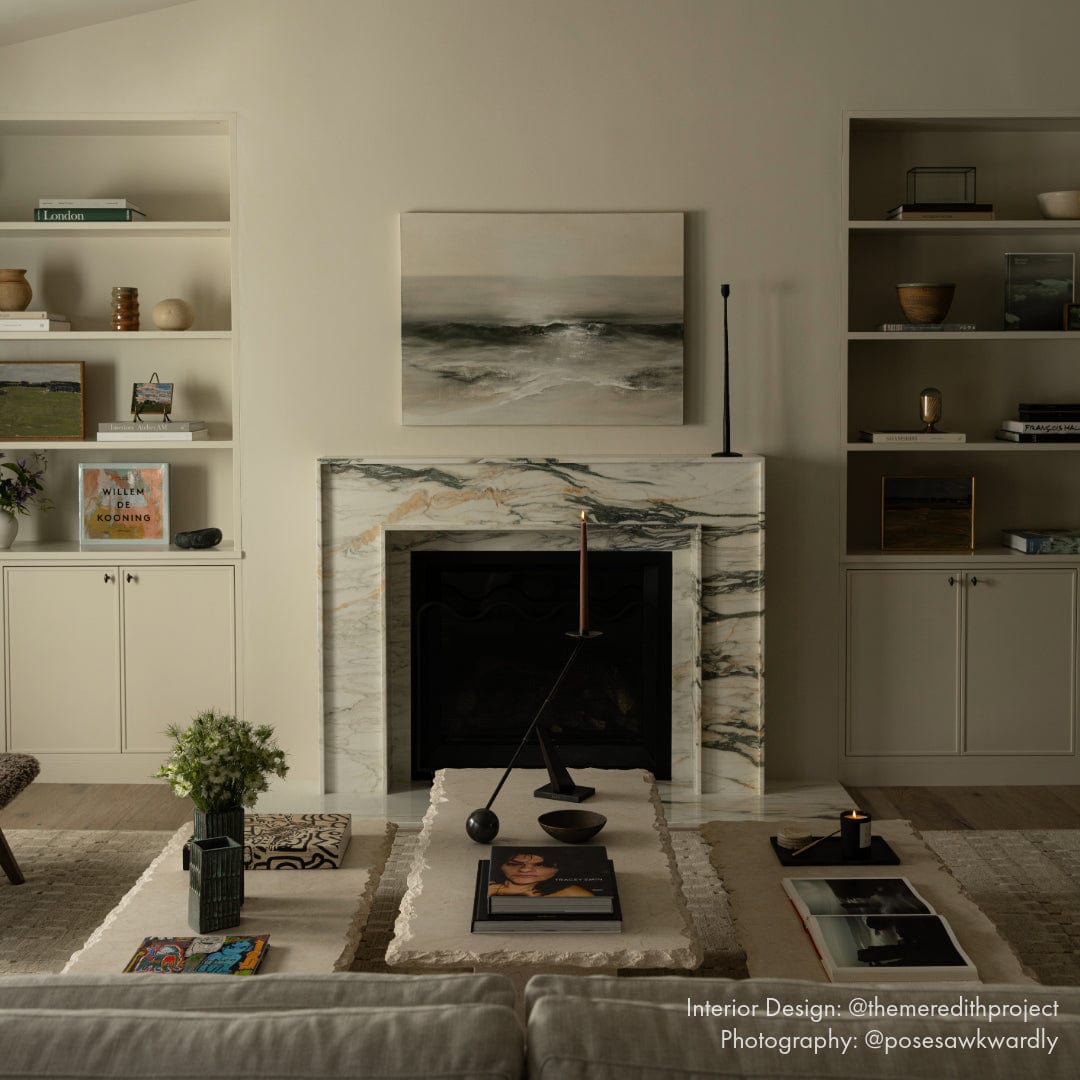 Handcrafted Sofita marble coffee table styled in neutral Japandi living space