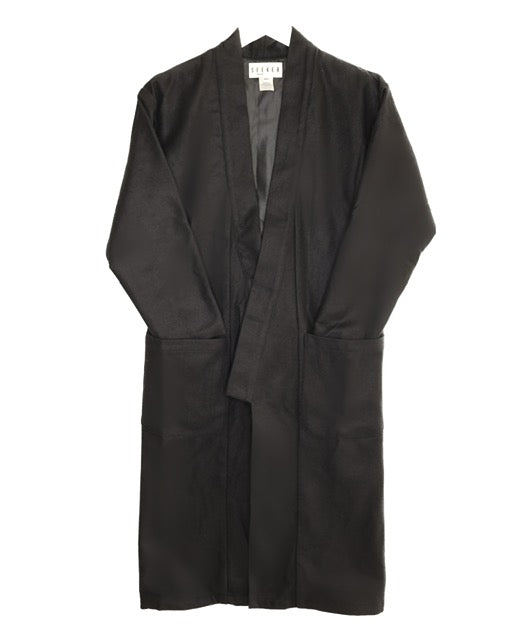 Front product view of the black wool kimono with an open front and large patch pockets.