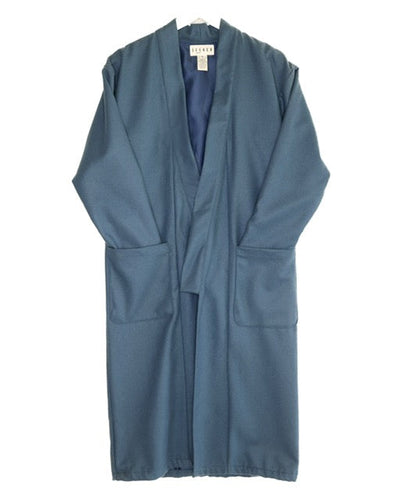 Front product view of the muted blue wool kimono with an open front and large patch pockets.