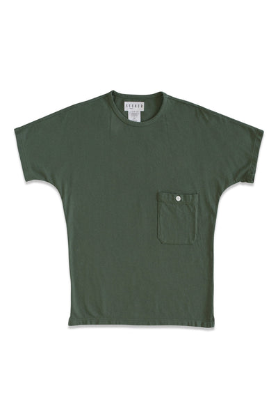 Front product view of the muted forest-green Pocket Dolman Tee with a chest pocket.