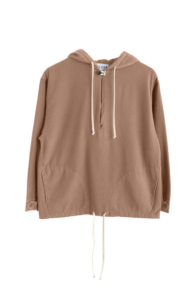 Front product view of the taupe Anorak with a hood, partial front zipper, white drawcords, and adjustable hem.
