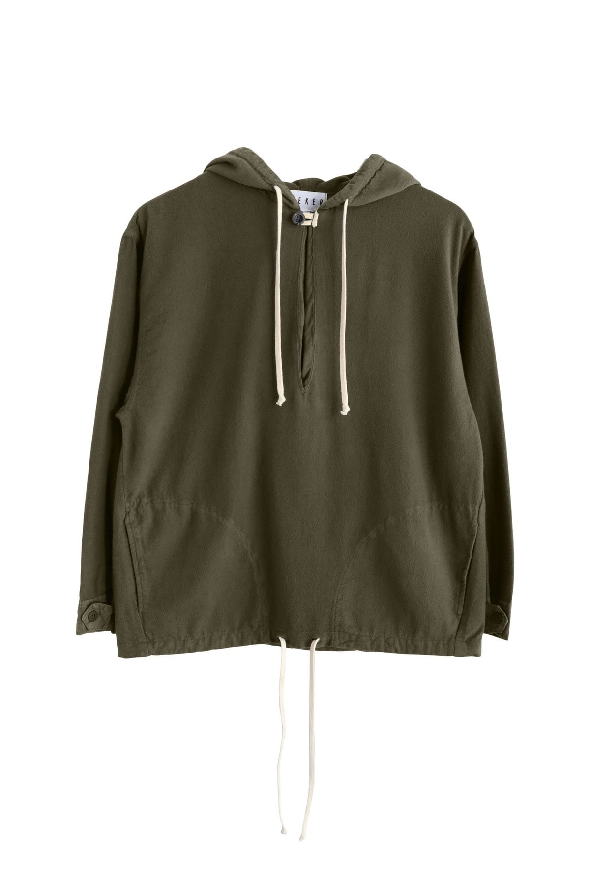 Front product view of the olive-green Anorak with white hood and hem drawcords.