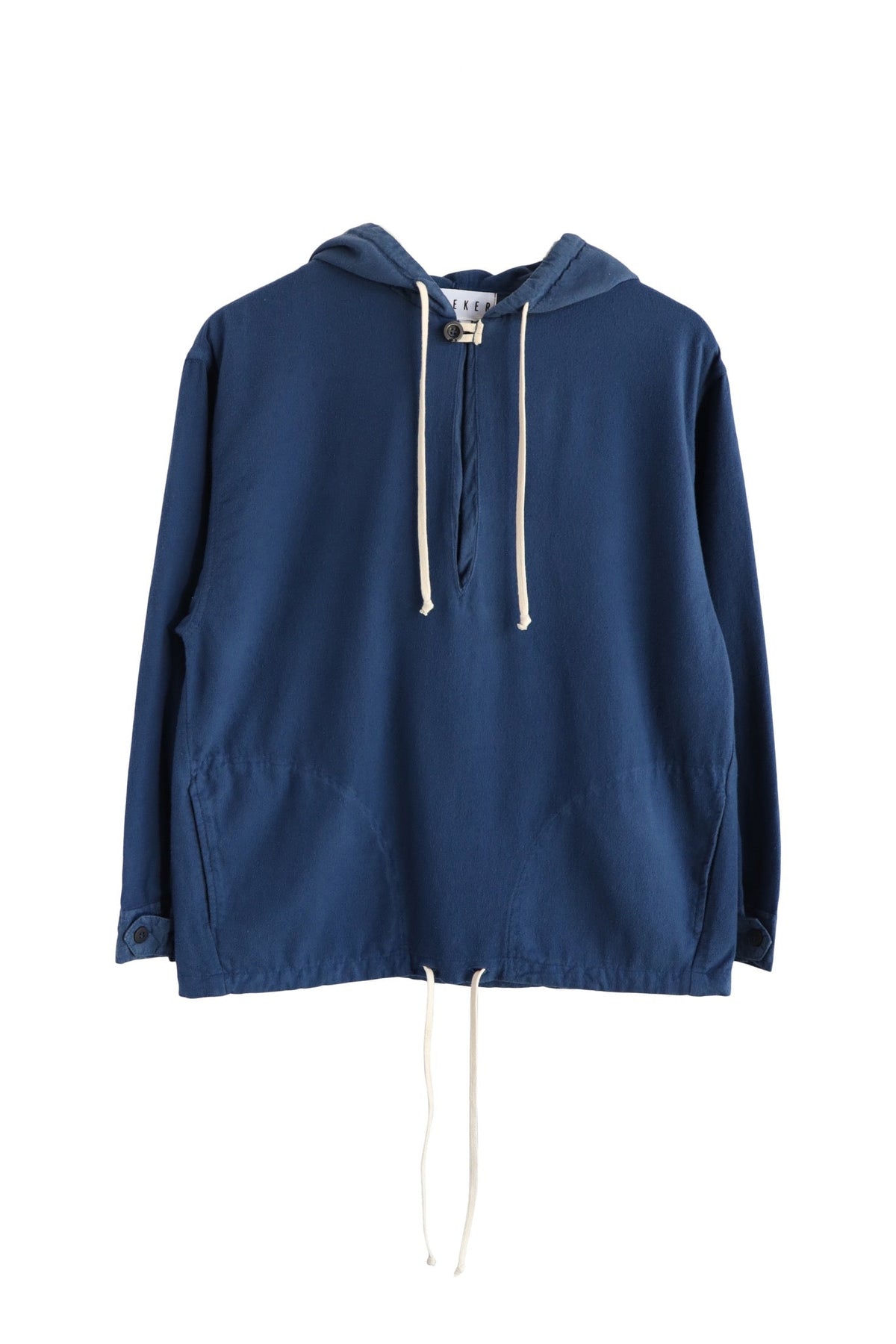 Front product view of the medium-blue Anorak with white hood and hem drawcords.