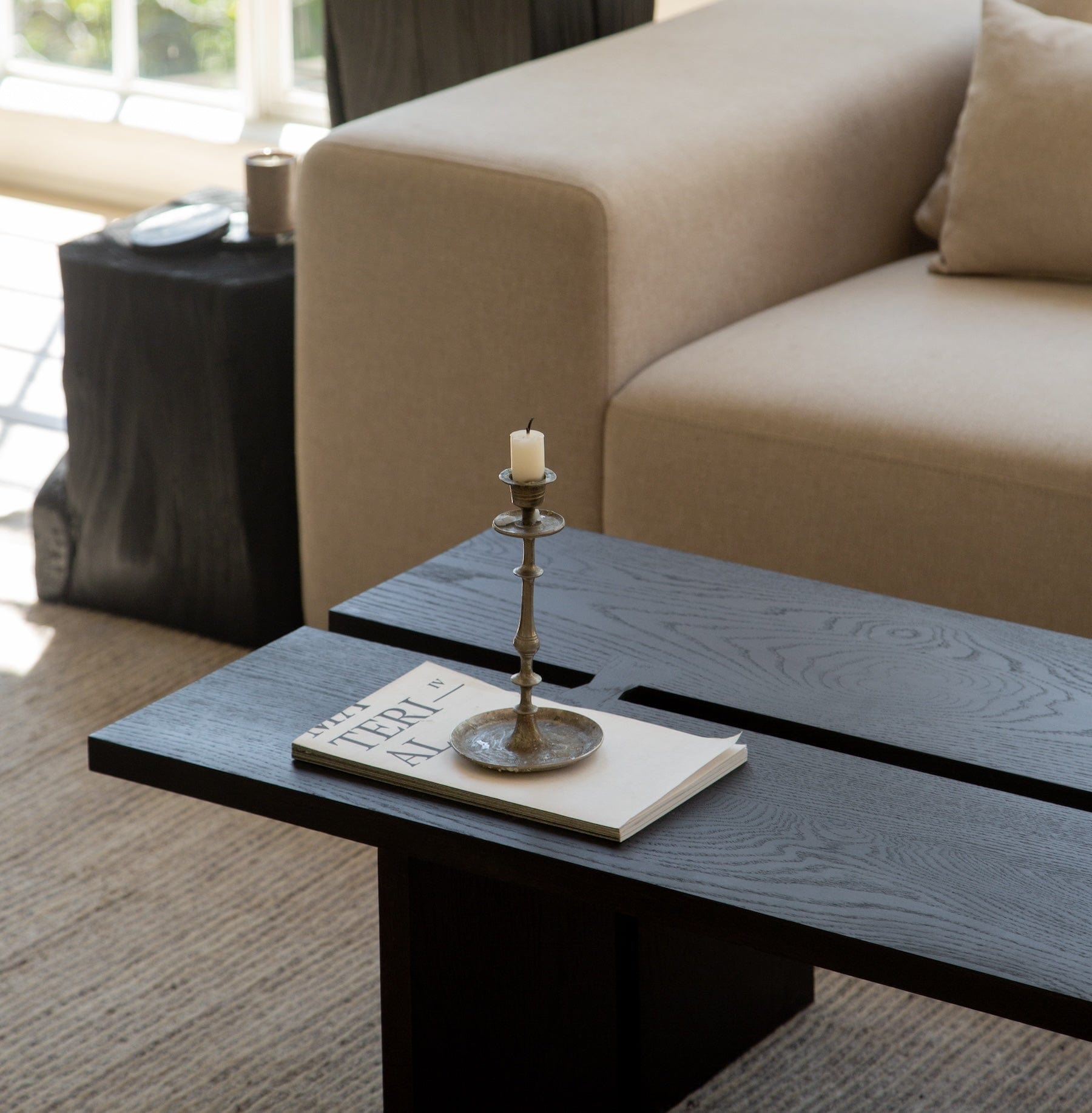 Kyoto charcoal coffee table styled in Japandi living room setting