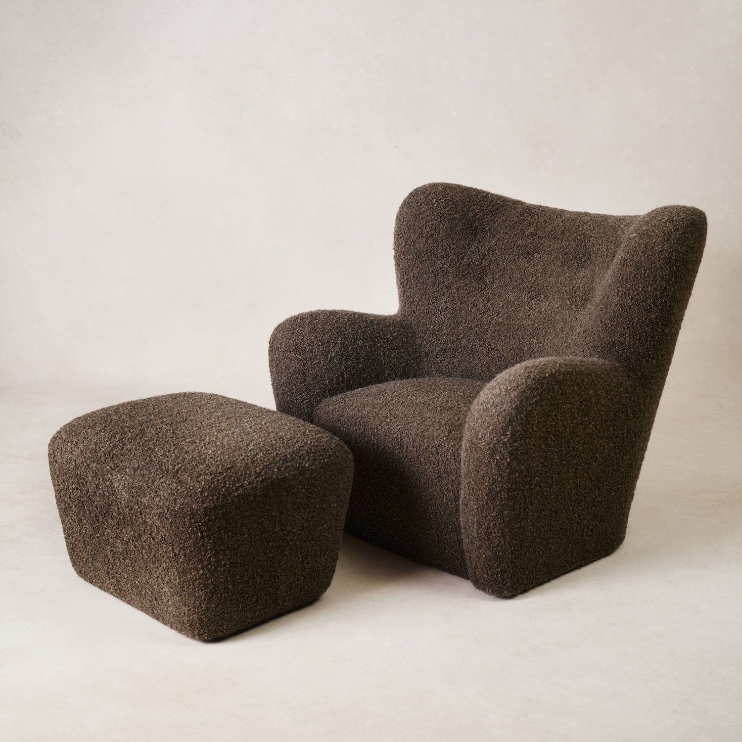 Papa Teddy Ottoman paired with Papa Teddy Lounge Chair in mocha bouclé