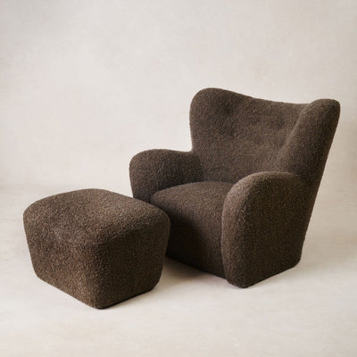 Papa Teddy Ottoman paired with Papa Teddy Lounge Chair in mocha bouclé