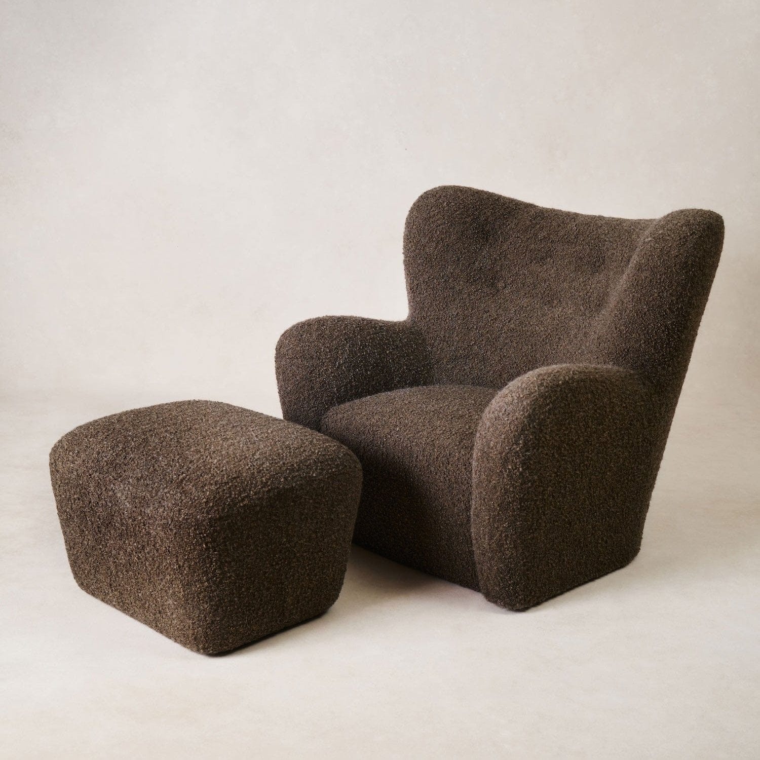 Papa Teddy Lounge Chair with matching ottoman in mocha bouclé