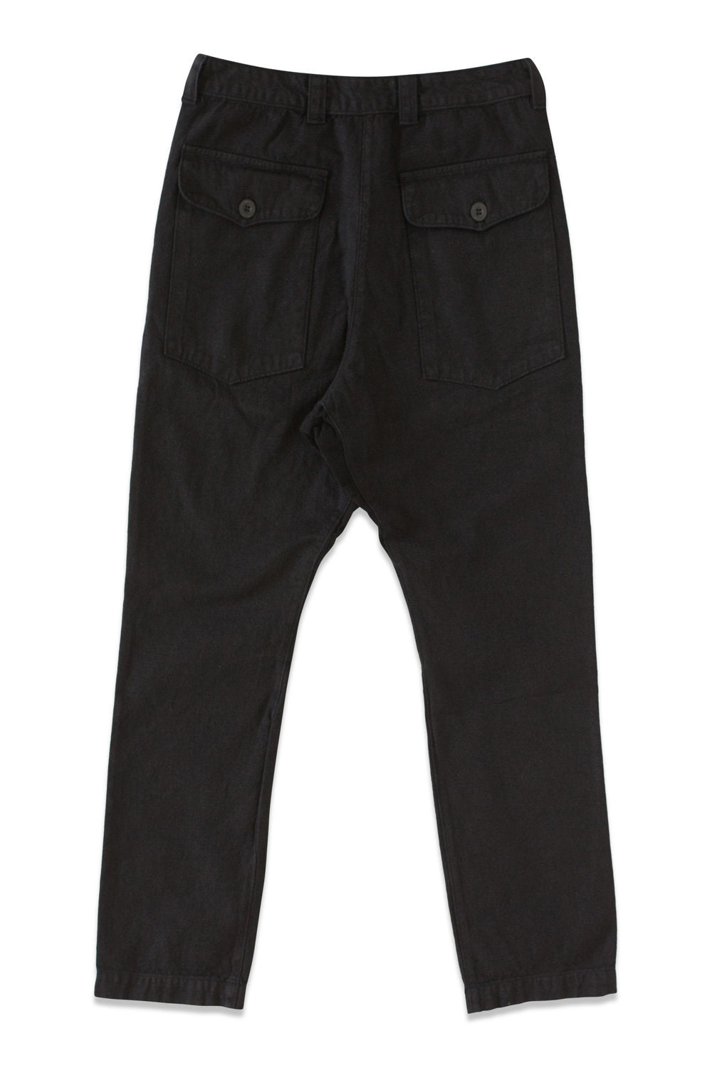 Back product view of black Vet Chinos with two buttoned patch pockets.
