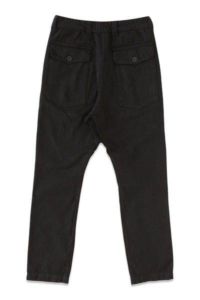 Back product view of black Vet Chinos with two buttoned patch pockets.