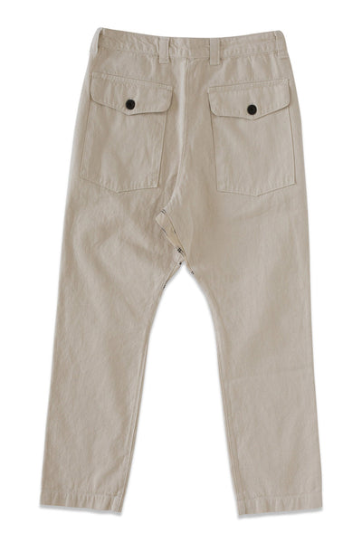 Back product view of light beige Vet Chinos with two buttoned patch pockets.