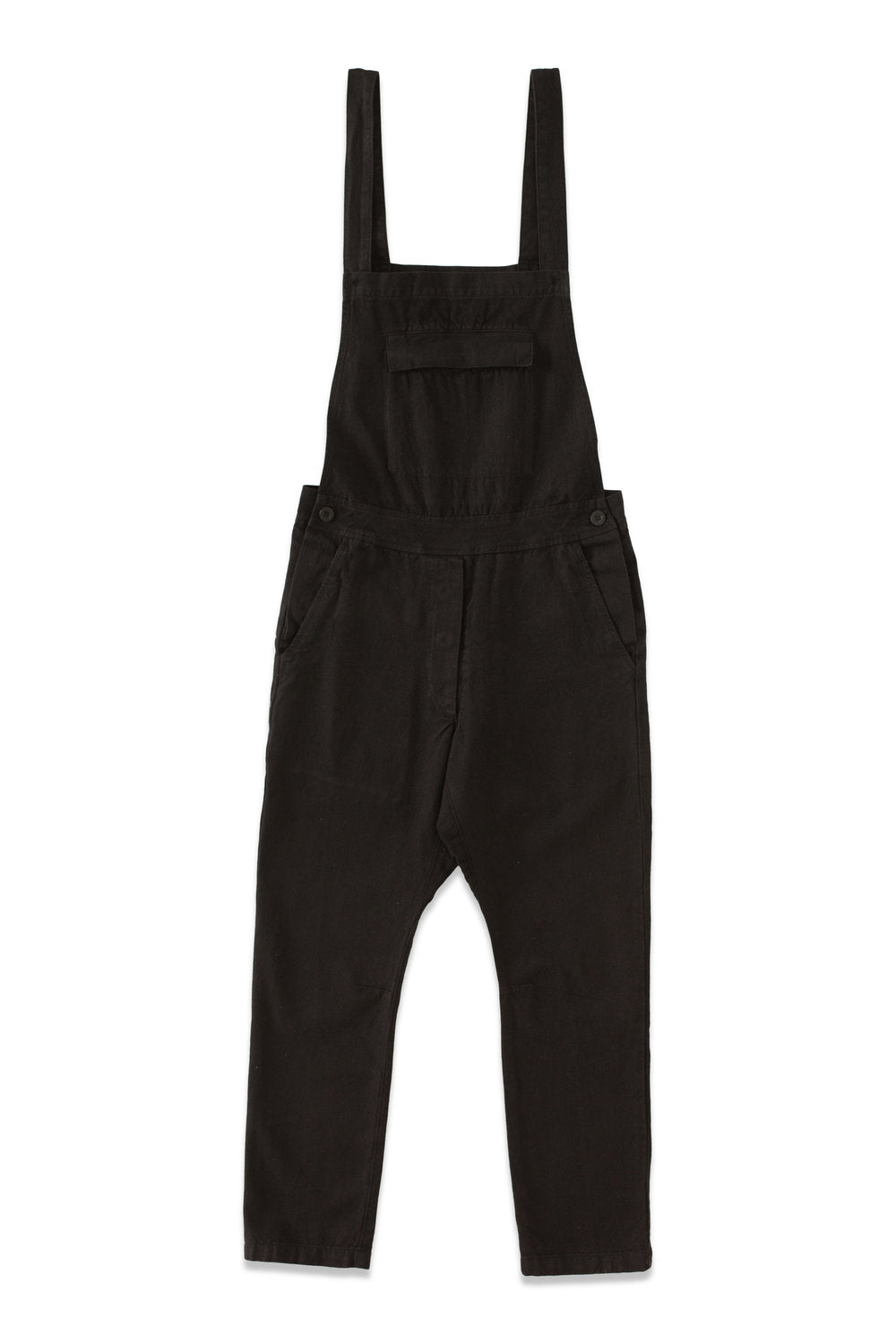 Front product view of black overalls with adjustable straps, a bib pocket, and tapered legs.