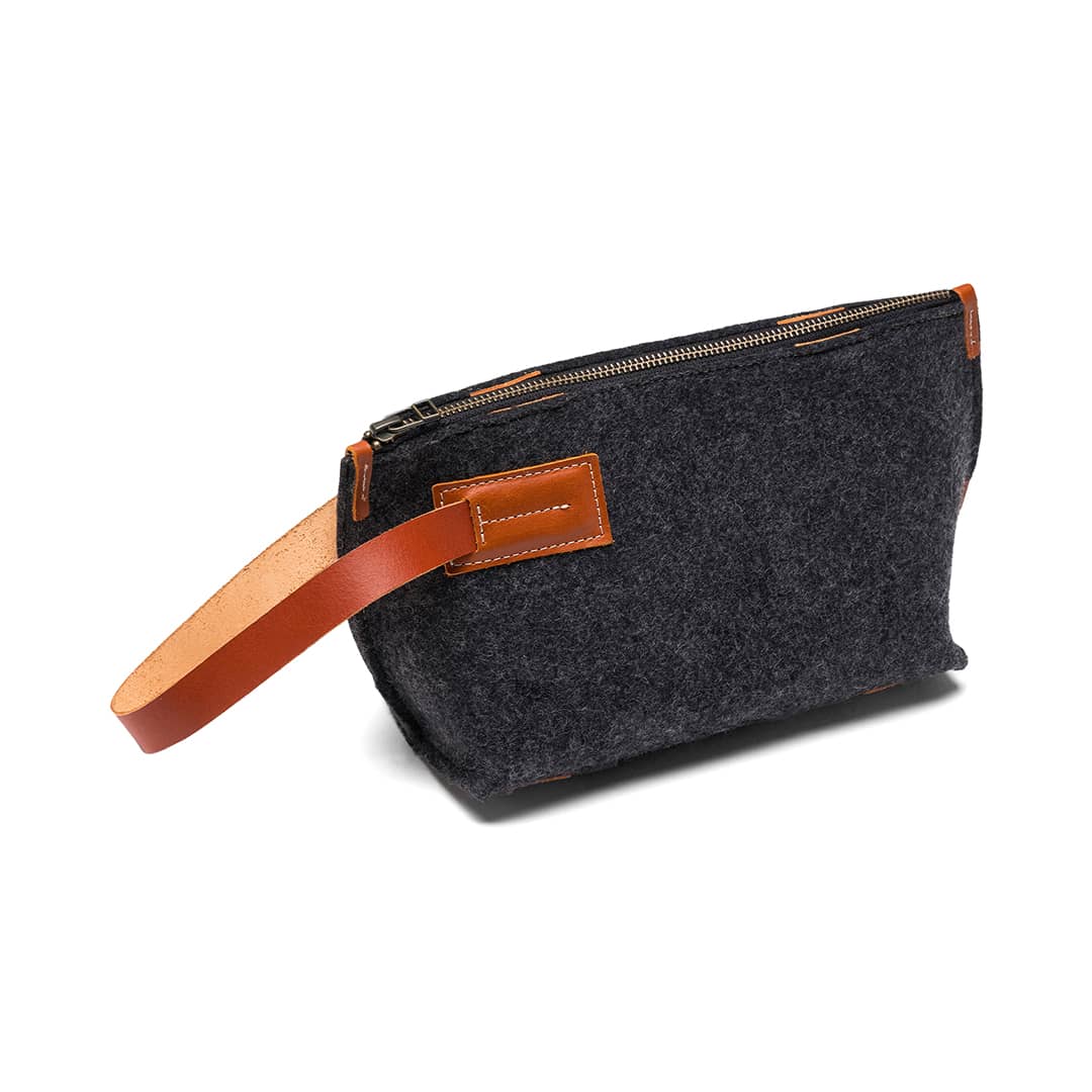 Charcoal Kyrgies felt and leather travel kit handcrafted in Kyrgyzstan