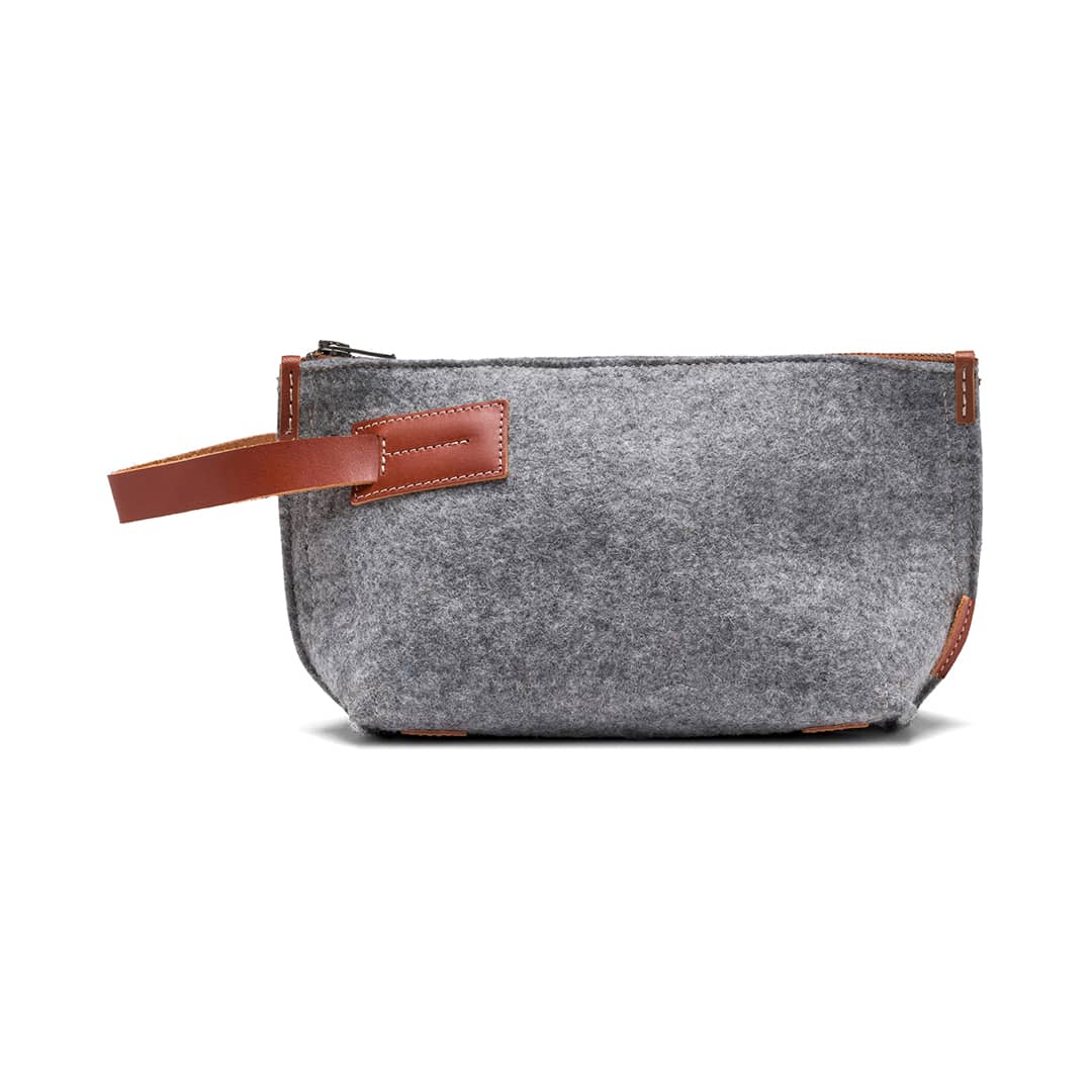 Gray Kyrgies wool felt travel organizer with secure zip closure and leather carry loop