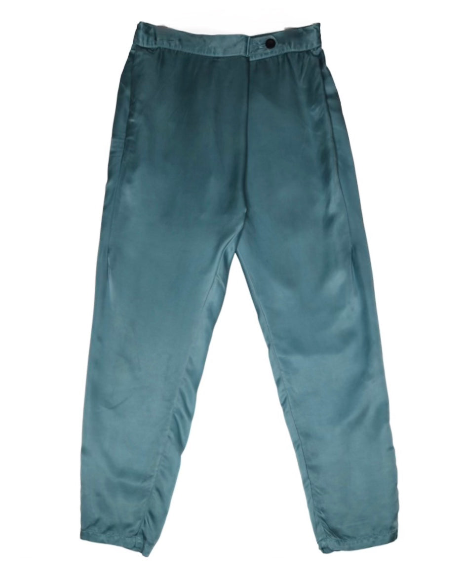 Front product view of teal Souk cupro silk pants.