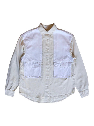 Front product view of the white Trek Shirt with four utility pockets.