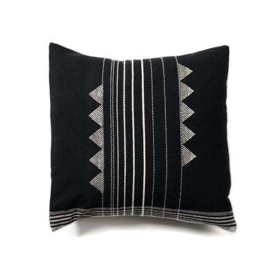 Variously Kora Black large handloom pillow cover with vertical ivory pinstripes, rows of triangular motifs and a striped lower border