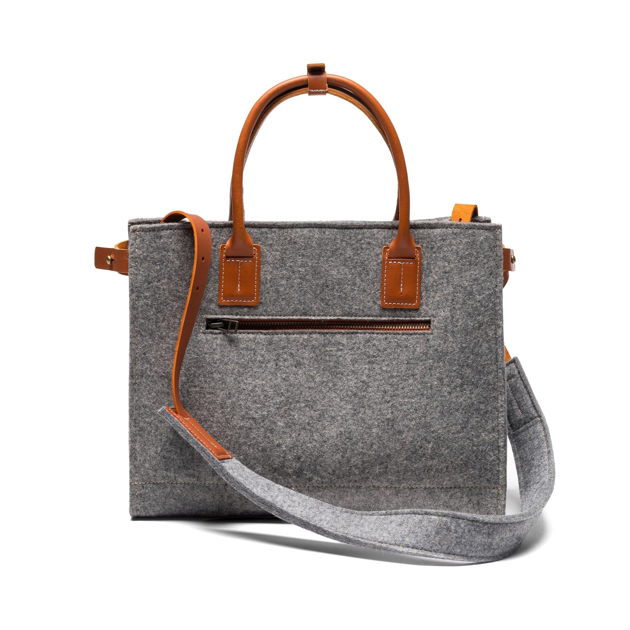 Gray Kyrgies Handmade Wool Handbag handcrafted in Kyrgyzstan with vegetable-tanned leather accents