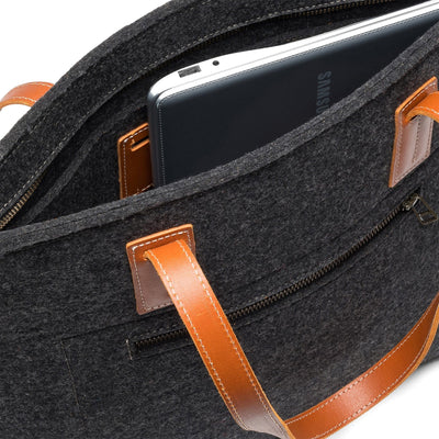 Inside Kyrgies wool tote featuring zippered closure and interior storage pocket