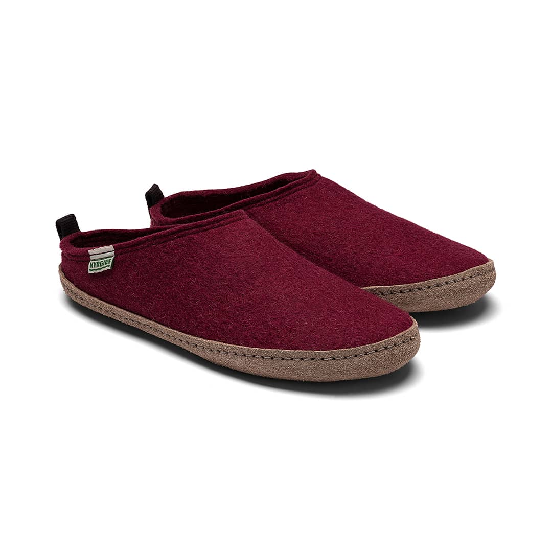 Kyrgies Indoor Wool Slides, burgundy wool felt, pair viewed from the side