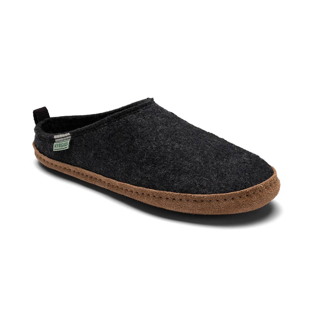 Kyrgies Indoor Wool Slides, charcoal wool felt, viewed from the side
