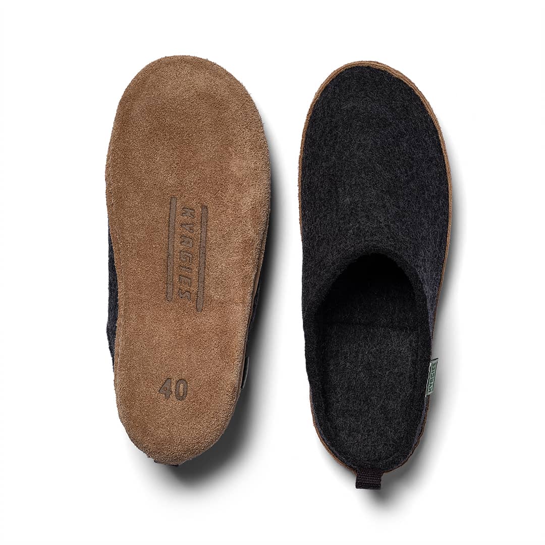 Kyrgies Indoor Wool Slides, charcoal, top-down view of leather sole beside felt upper