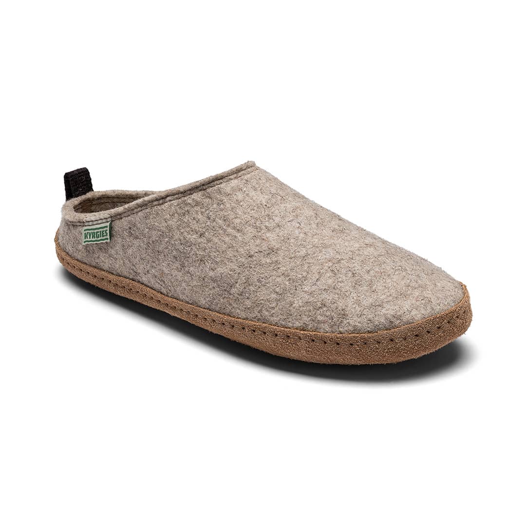Kyrgies Indoor Wool Slides, oatmeal wool felt, angled front view showing stitched leather sole