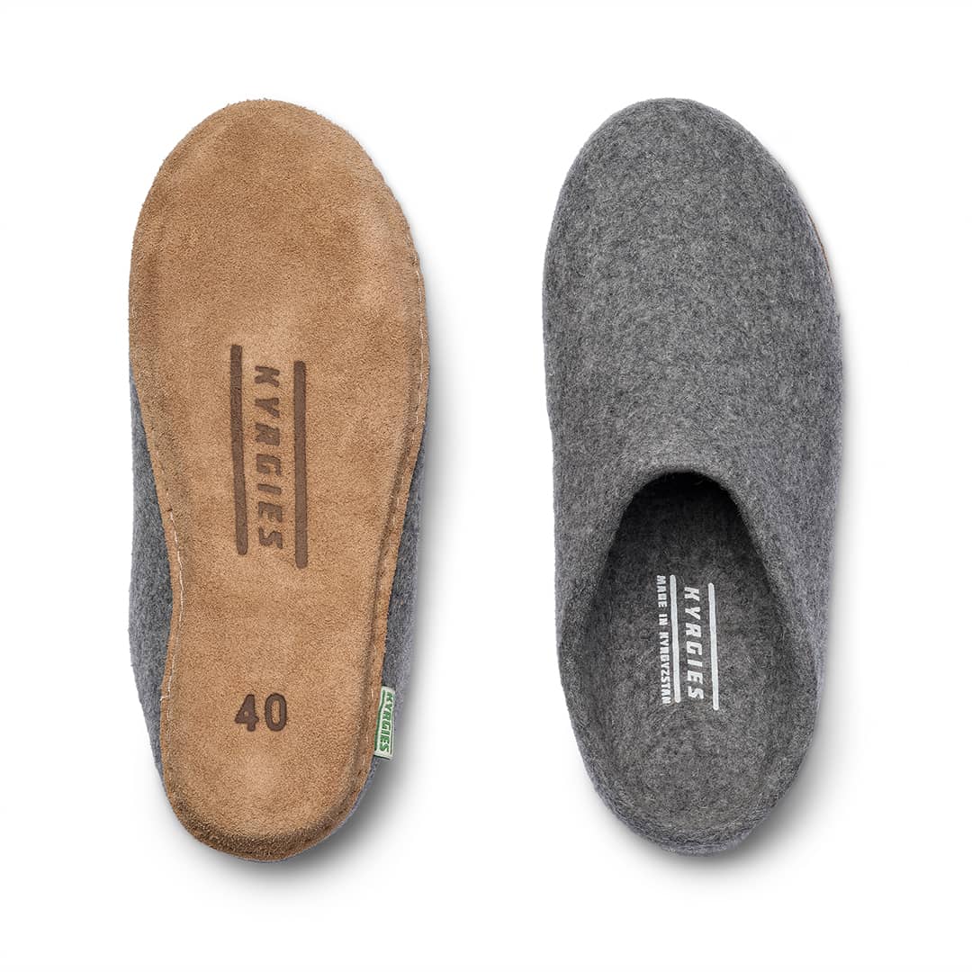 Kyrgies Molded Sole Low Back Indoor Slides, grey, top-down view of leather sole and felt pair