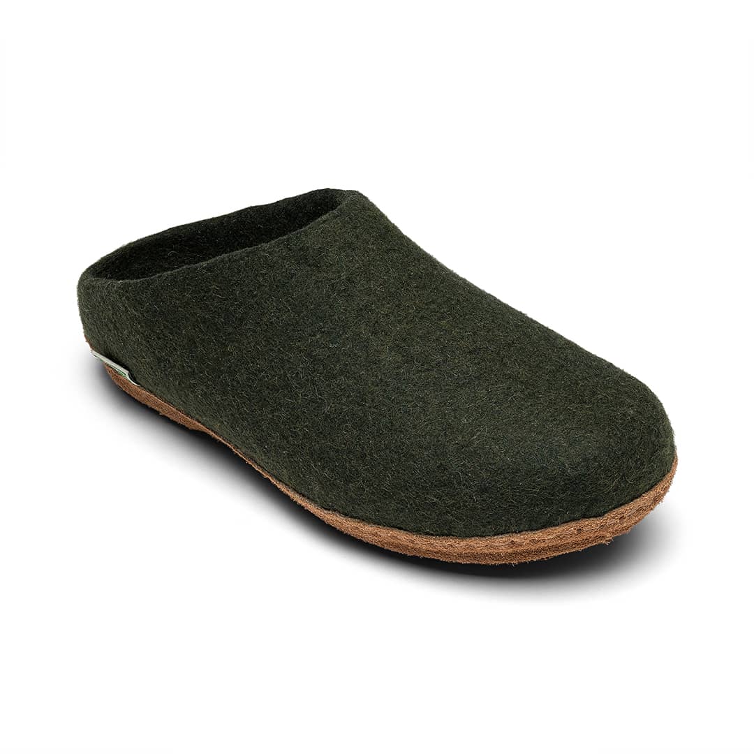 Kyrgies Molded Sole Low Back Indoor Slides, pine green wool felt, side view
