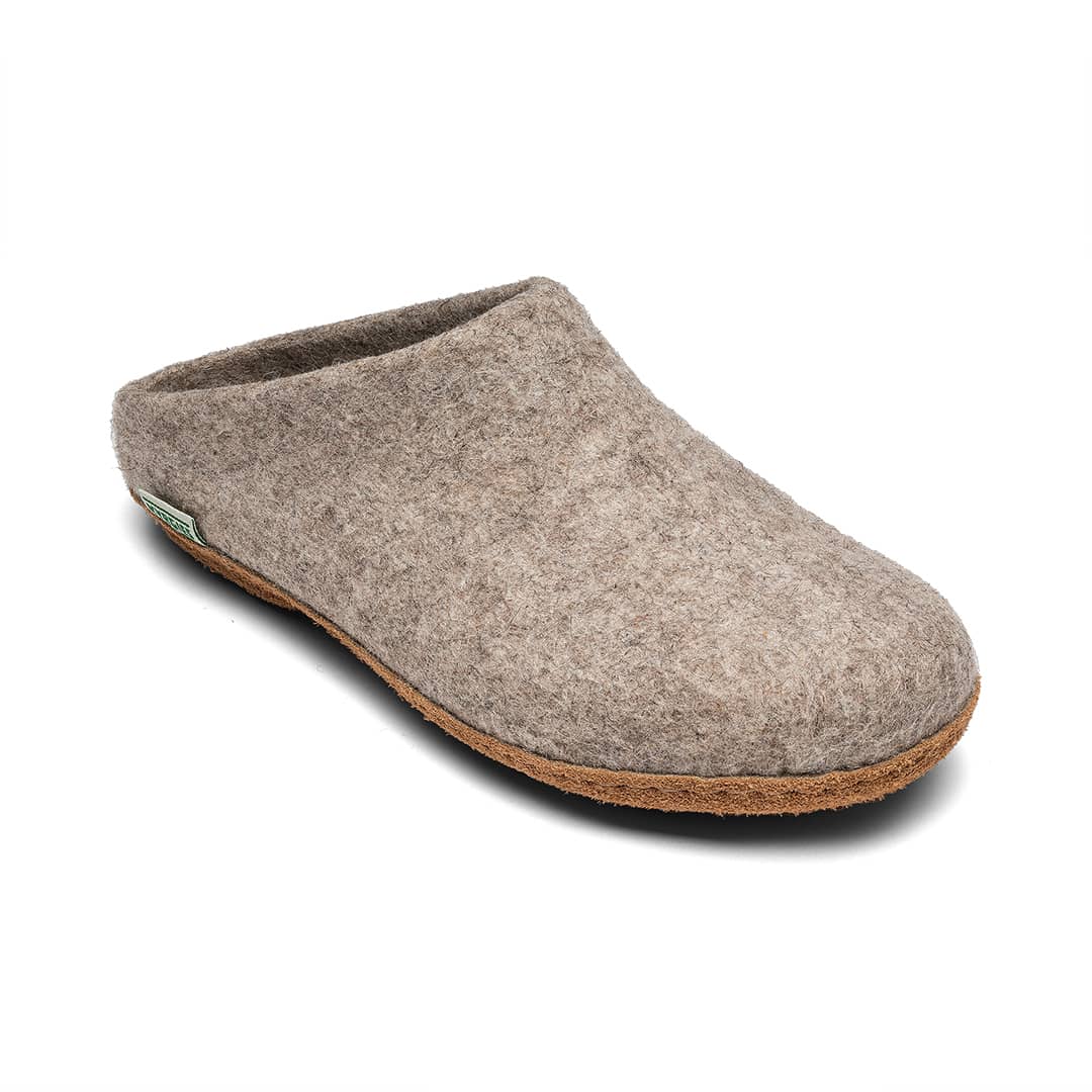 Kyrgies Molded Sole Low Back Indoor Slides, taupe wool felt, angled side view showing leather sole