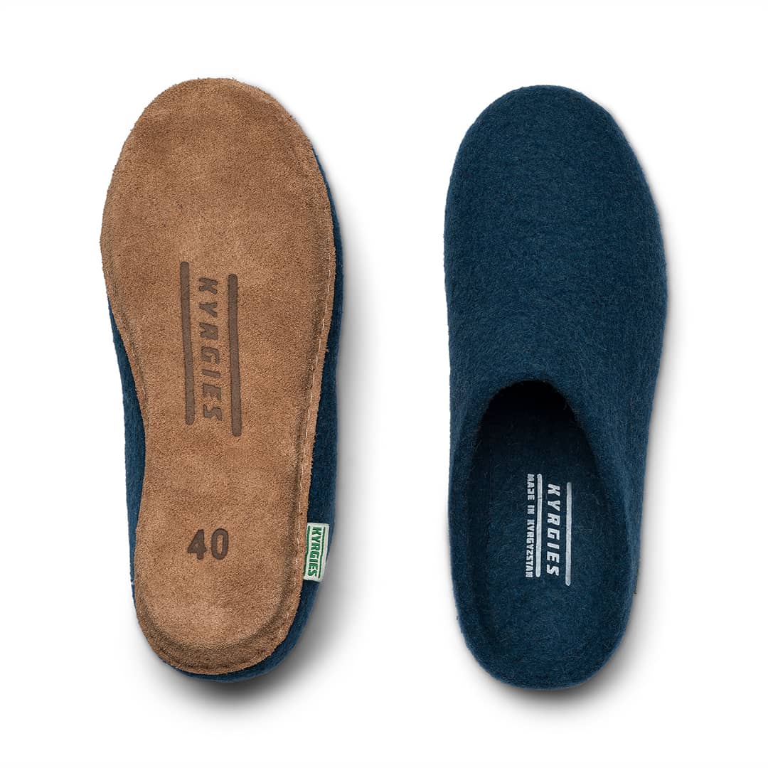 Kyrgies Molded Sole Low Back Indoor Slides, navy, top-down view of leather sole and felt pair
