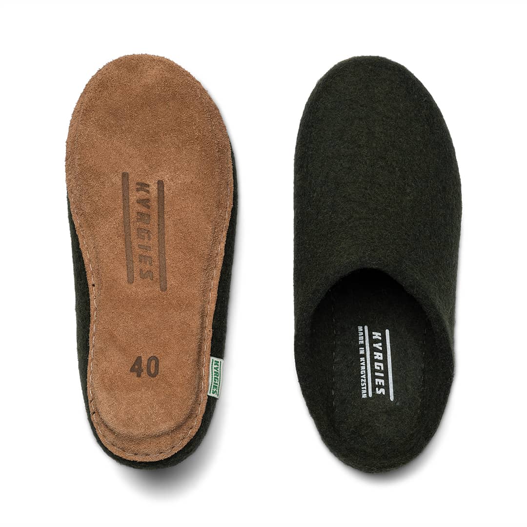 Kyrgies Molded Sole Low Back Indoor Slides, pine green, top-down view of leather sole and felt pair