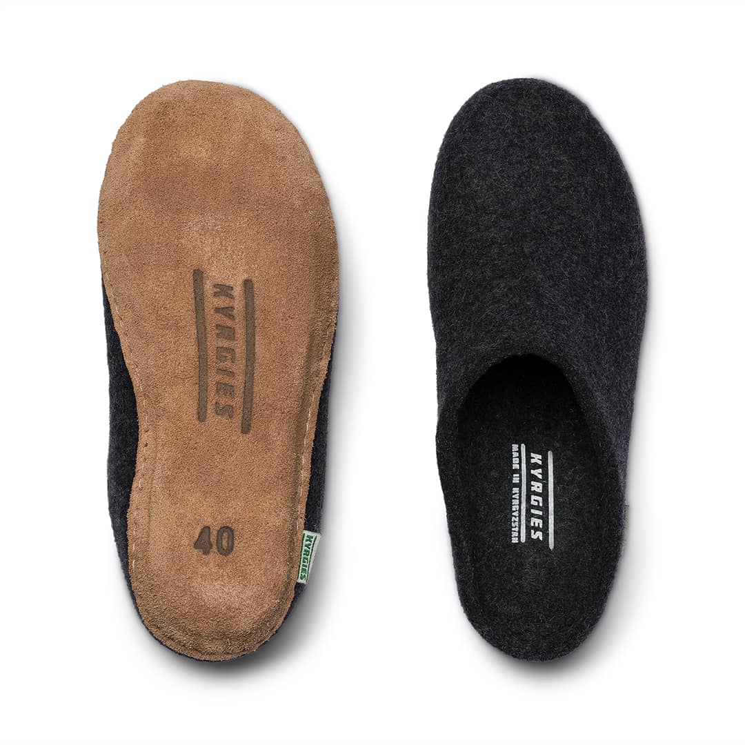 Kyrgies Molded Sole Low Back Indoor Slides, black, top-down view of leather sole and felt pair
