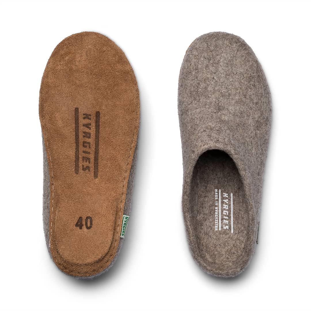 Kyrgies Molded Sole Low Back Indoor Slides, grey, top-down view of leather sole and felt pair
