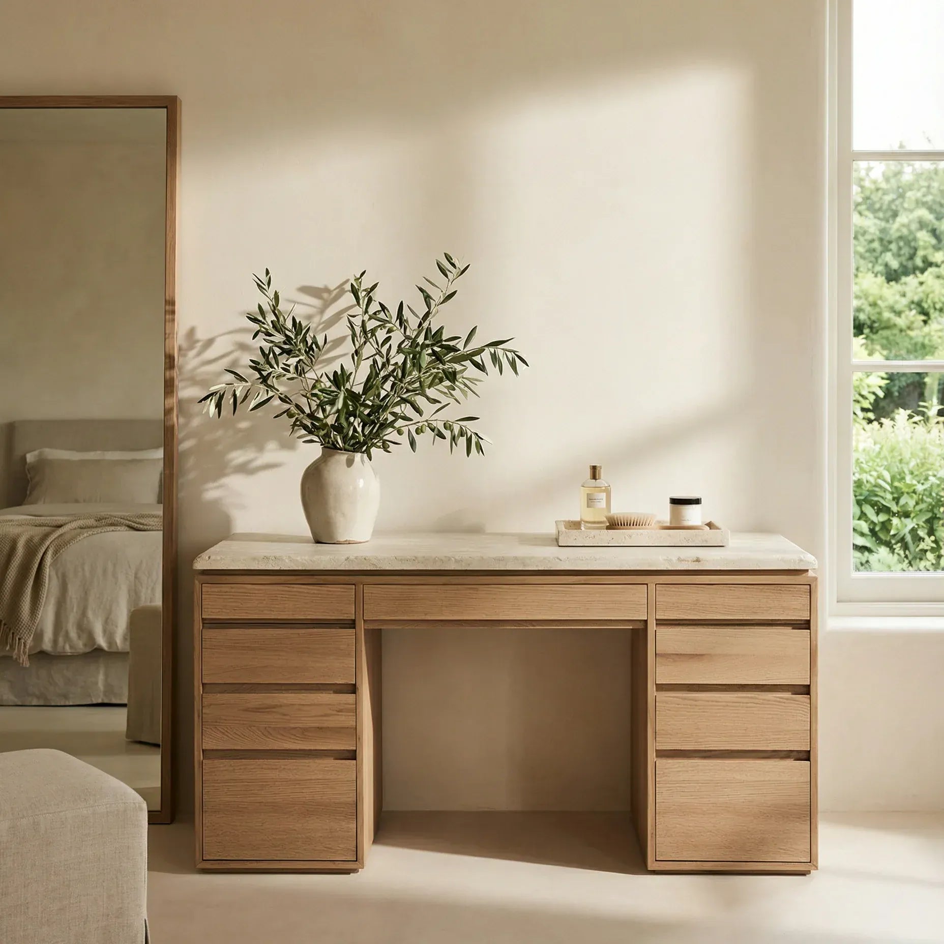 Ojai vanity desk in white oak with white oak marble top, styled bedroom setting