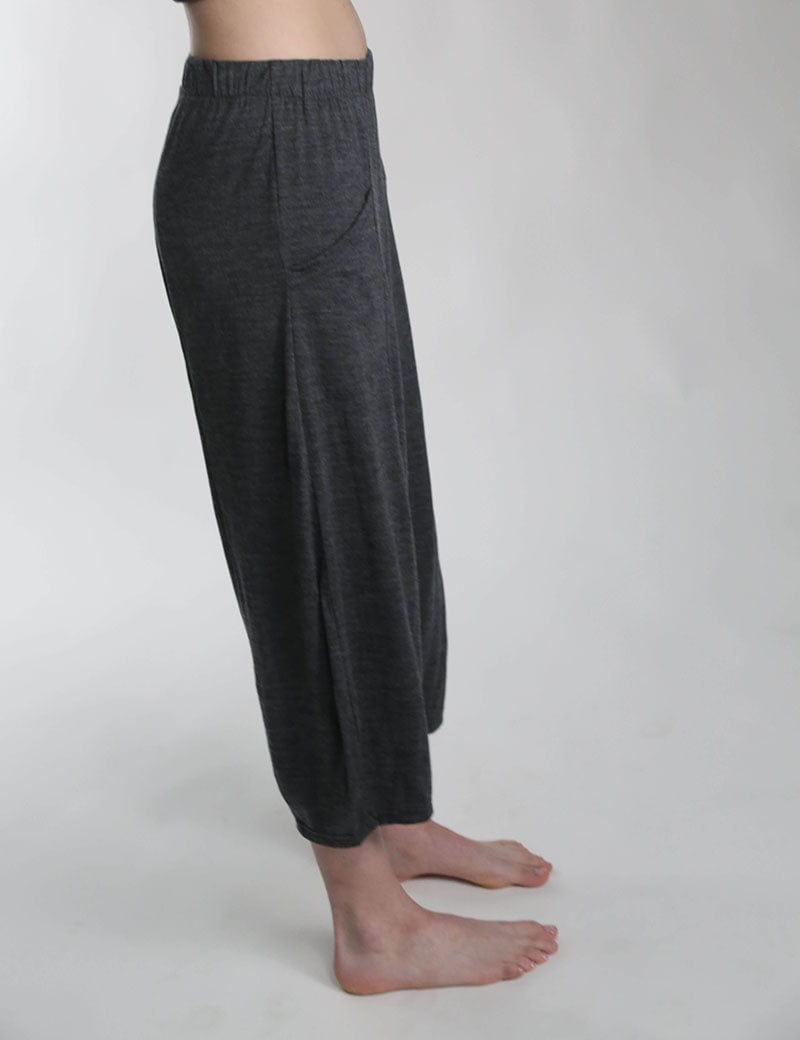 Side view of merino wool lounge pants showcasing a comfortable fit, natural movement, and breathable wool construction.
