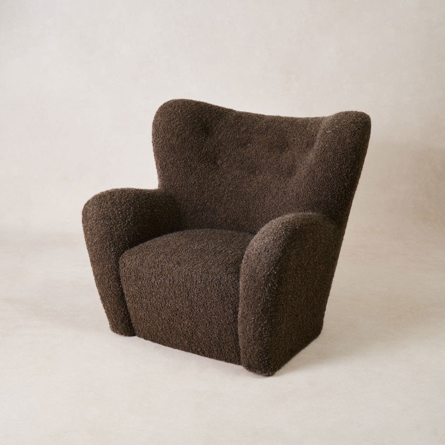Papa Teddy Lounge Chair in mocha mohair bouclé, front angled view