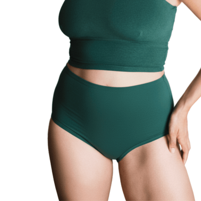 Model wearing Organic Cotton High-Rise Brief in Lagoon, front view