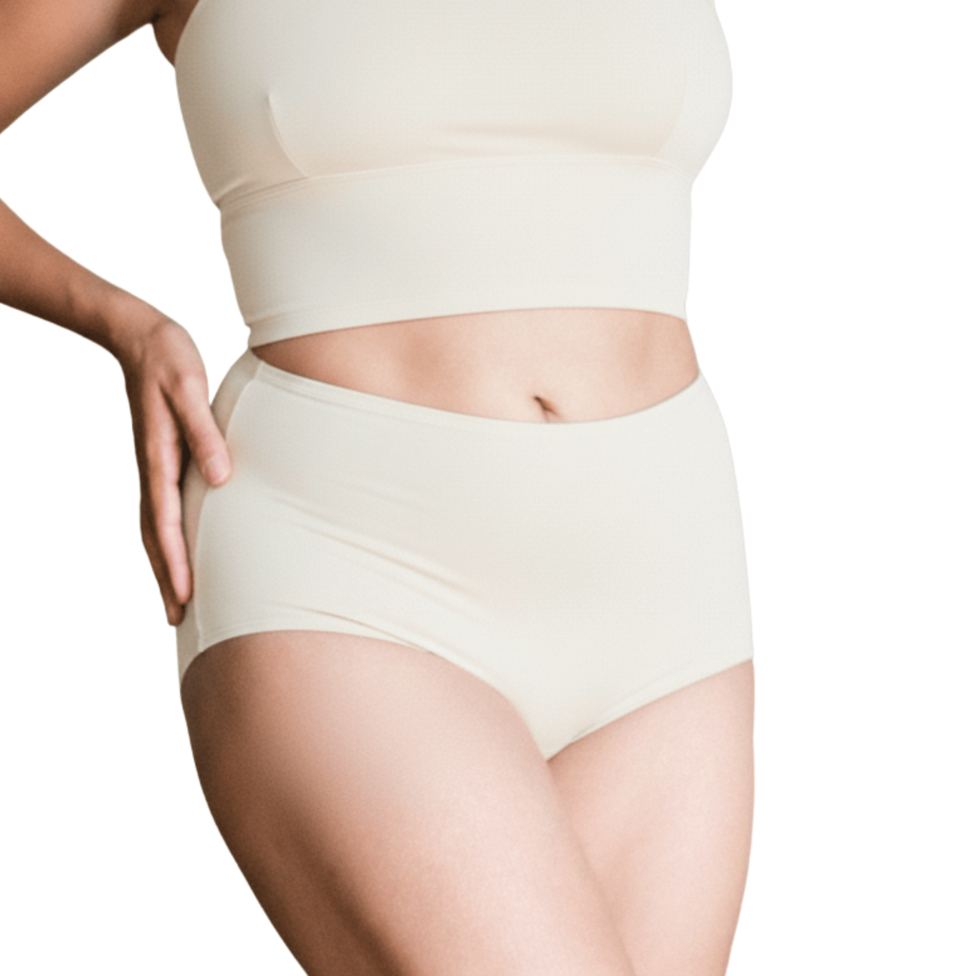 Model wearing Organic Cotton High-Rise Brief in Natural, front view
