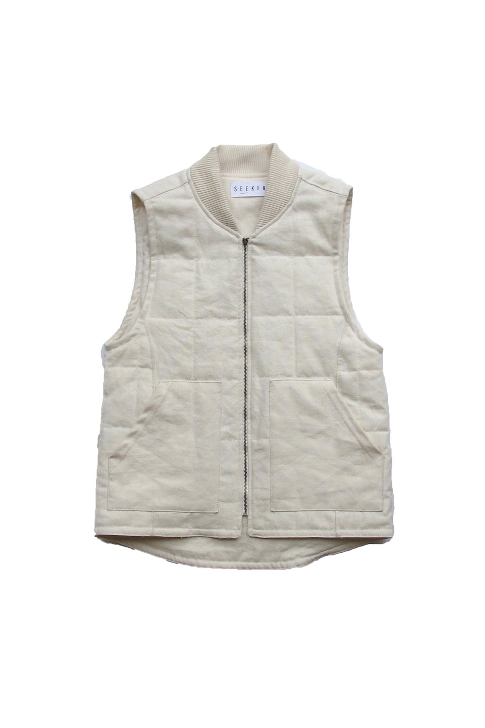 Front product view of the light beige Quilted Vest with a stand collar, zip closure, square quilting, and side pockets.