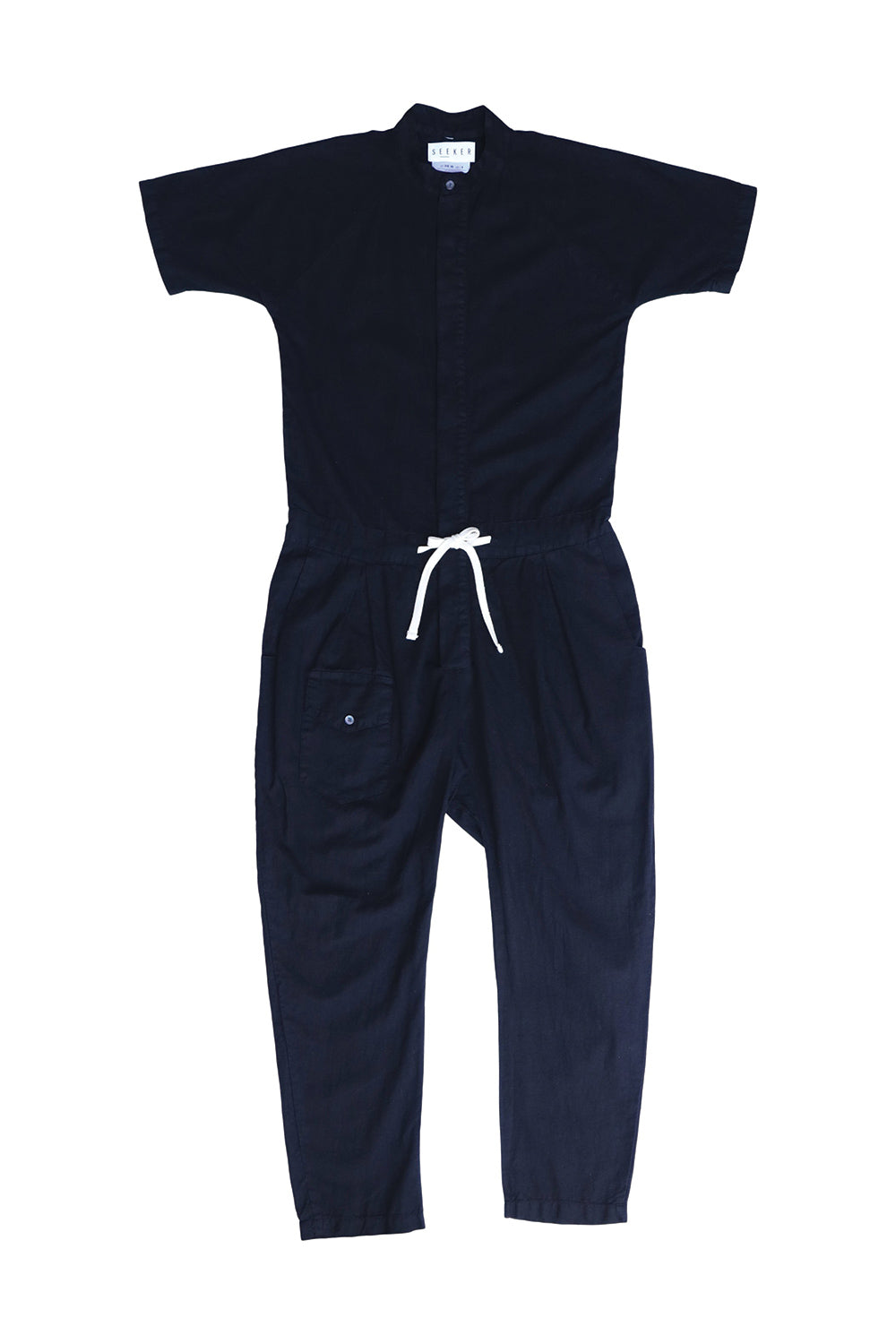 Front flat-lay view of the navy short-sleeve jumpsuit with a white drawstring waist.