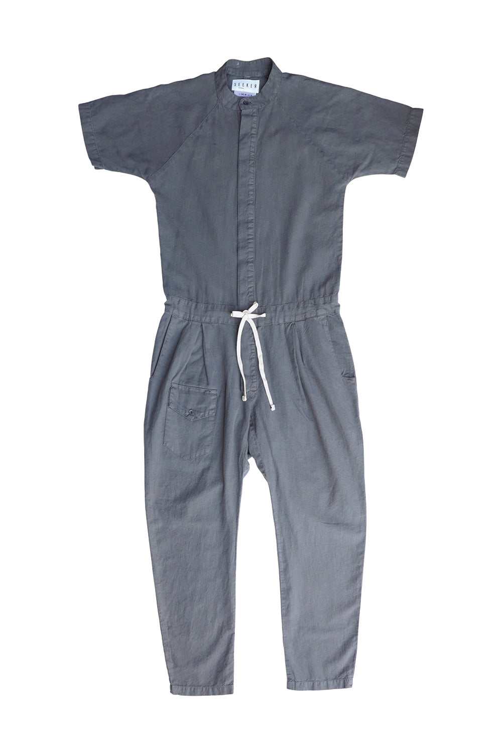 Front flat-lay view of the gray short-sleeve jumpsuit.