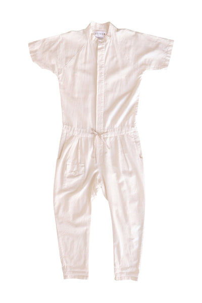 Front flat-lay view of the white short-sleeve jumpsuit.