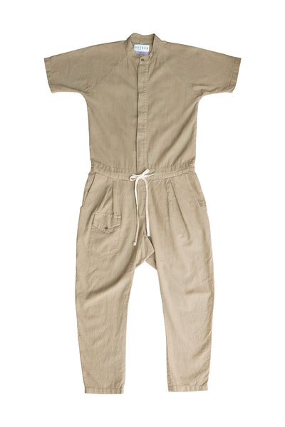 Front flat-lay view of the tan short-sleeve jumpsuit.