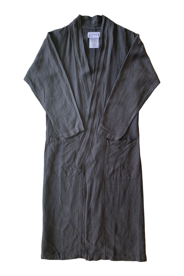 S E E K E R Kimono in Linen in Charcoal – open-front kimono, front flat lay