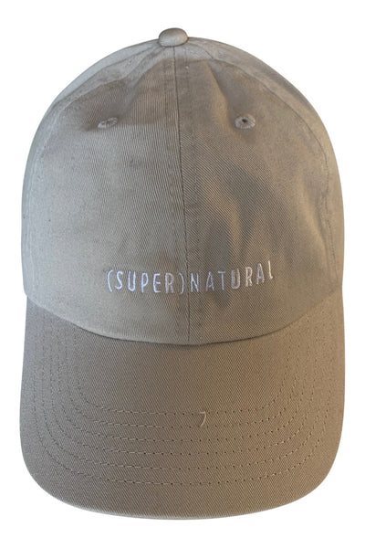 Front product view of a khaki SUPERNATURAL cap with white embroidered lettering.