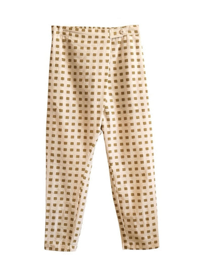 Front product view of cream Souk pants with ochre hand-block-printed squares.